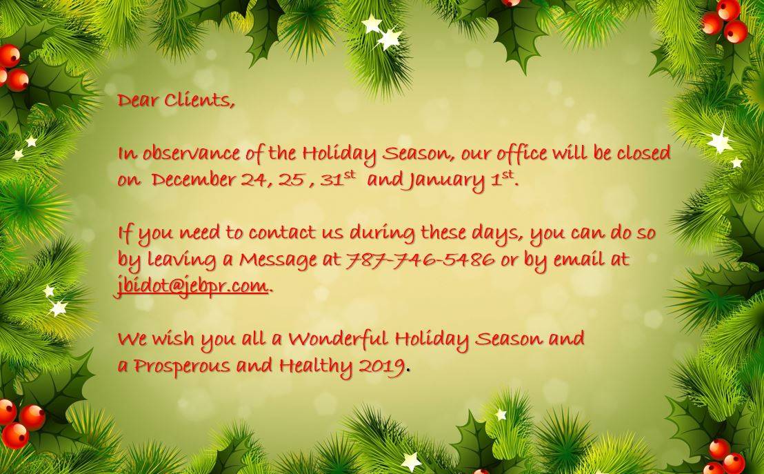 Holiday Office Hours Javier Bidot Associates PSC